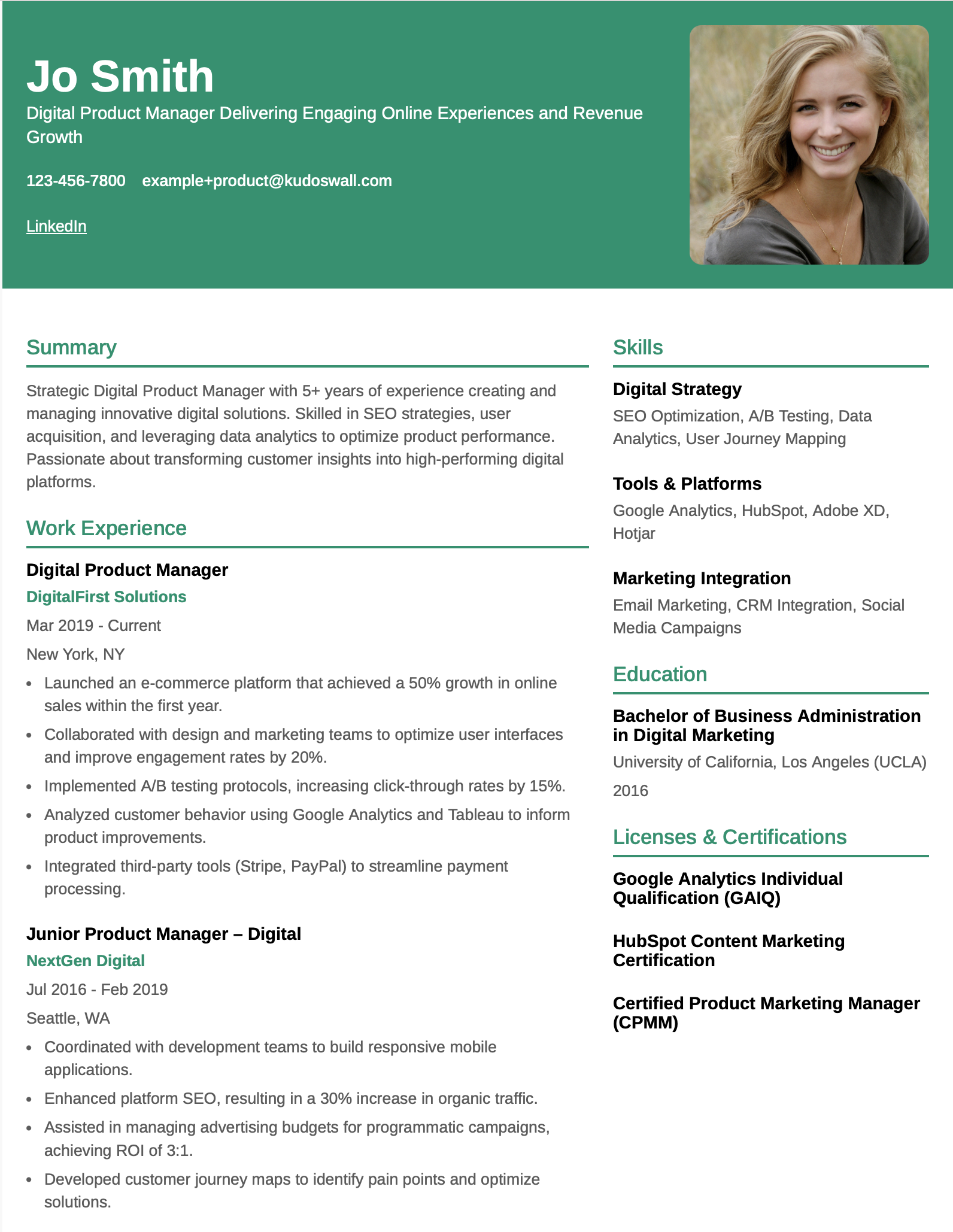 Digital Product Manager Resume Example