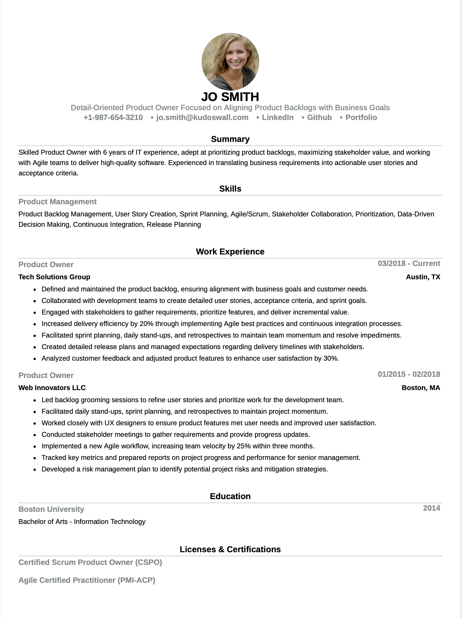 Product Owner Resume