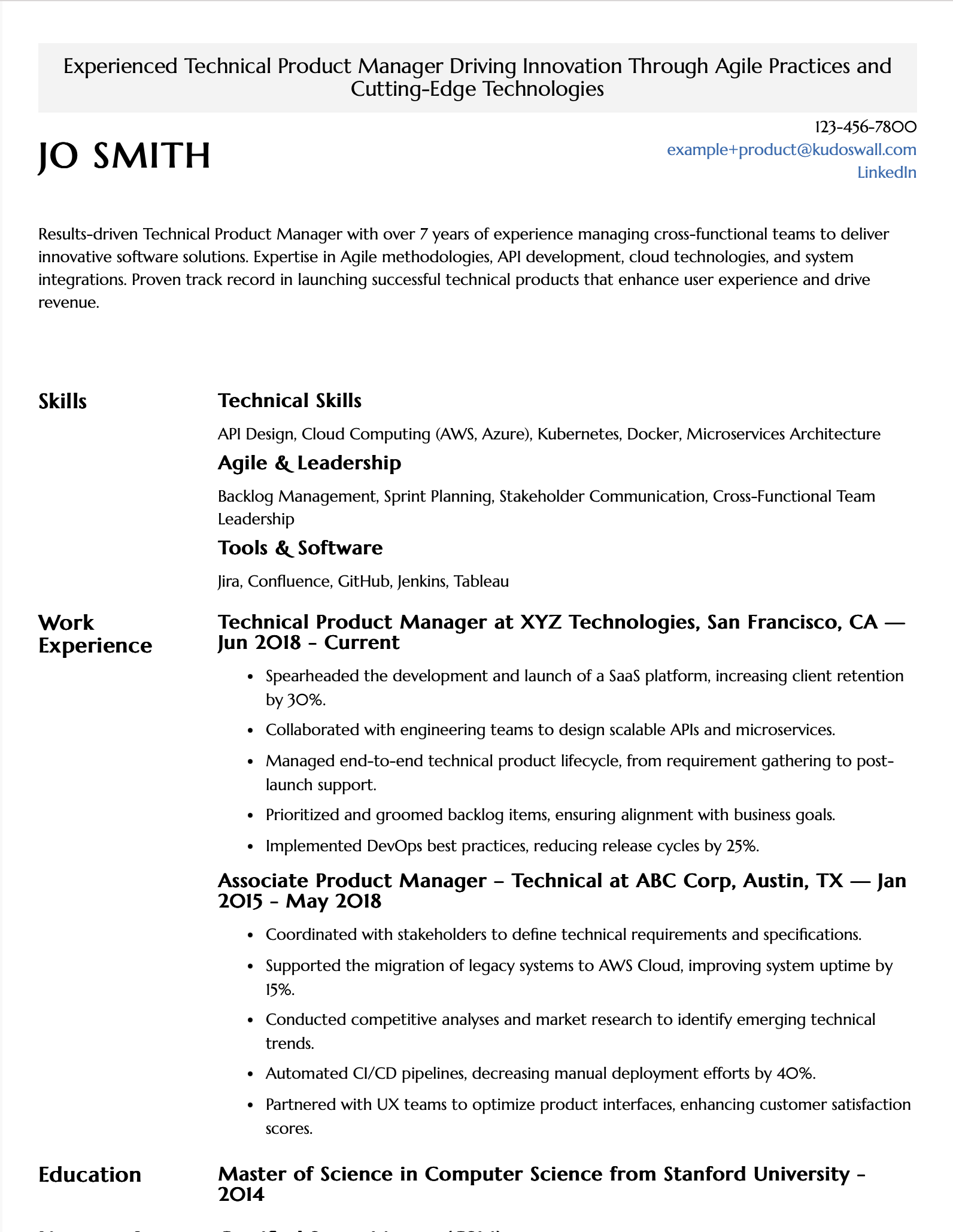 Technical Product Manager Resume Example