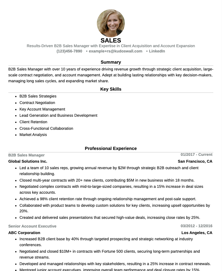B2B Sales Resume Example