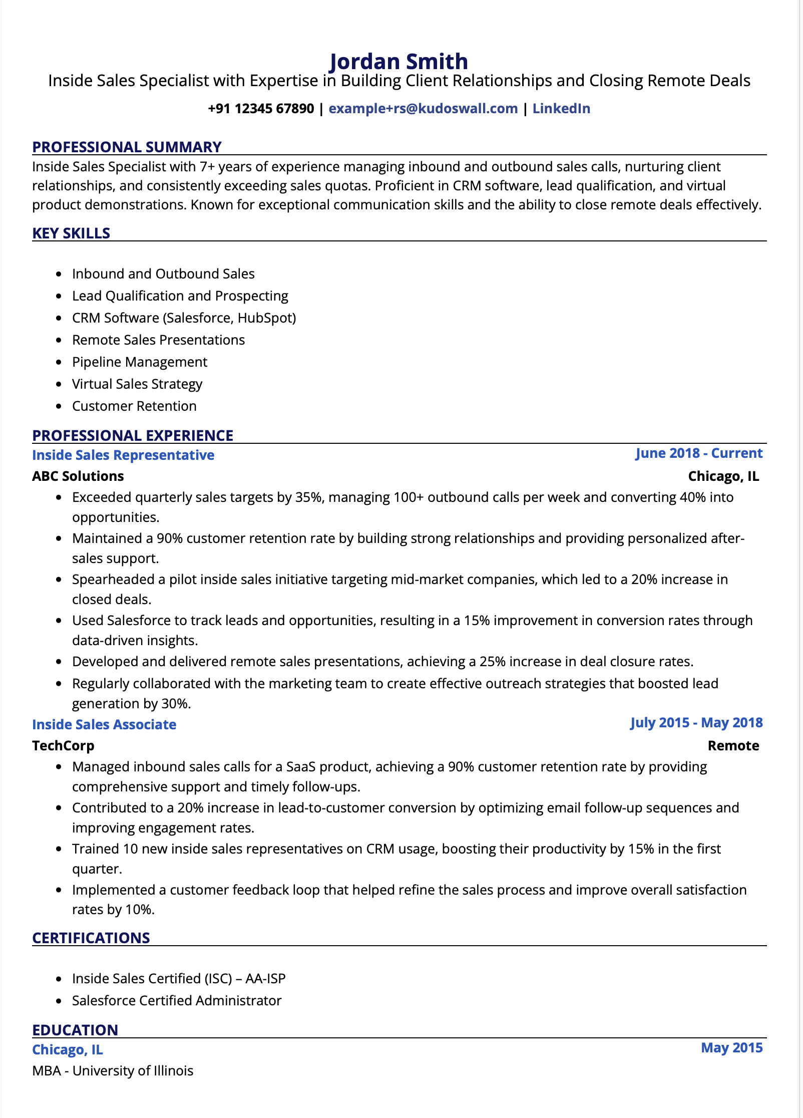 Inside Sales Resume