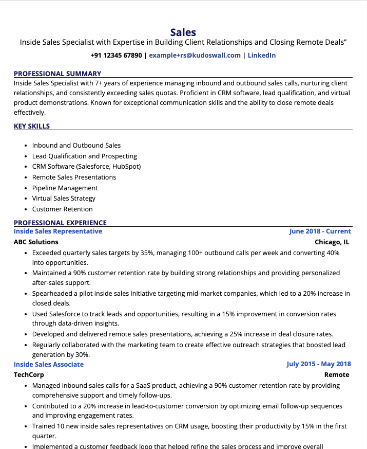 Inside Sales Resume