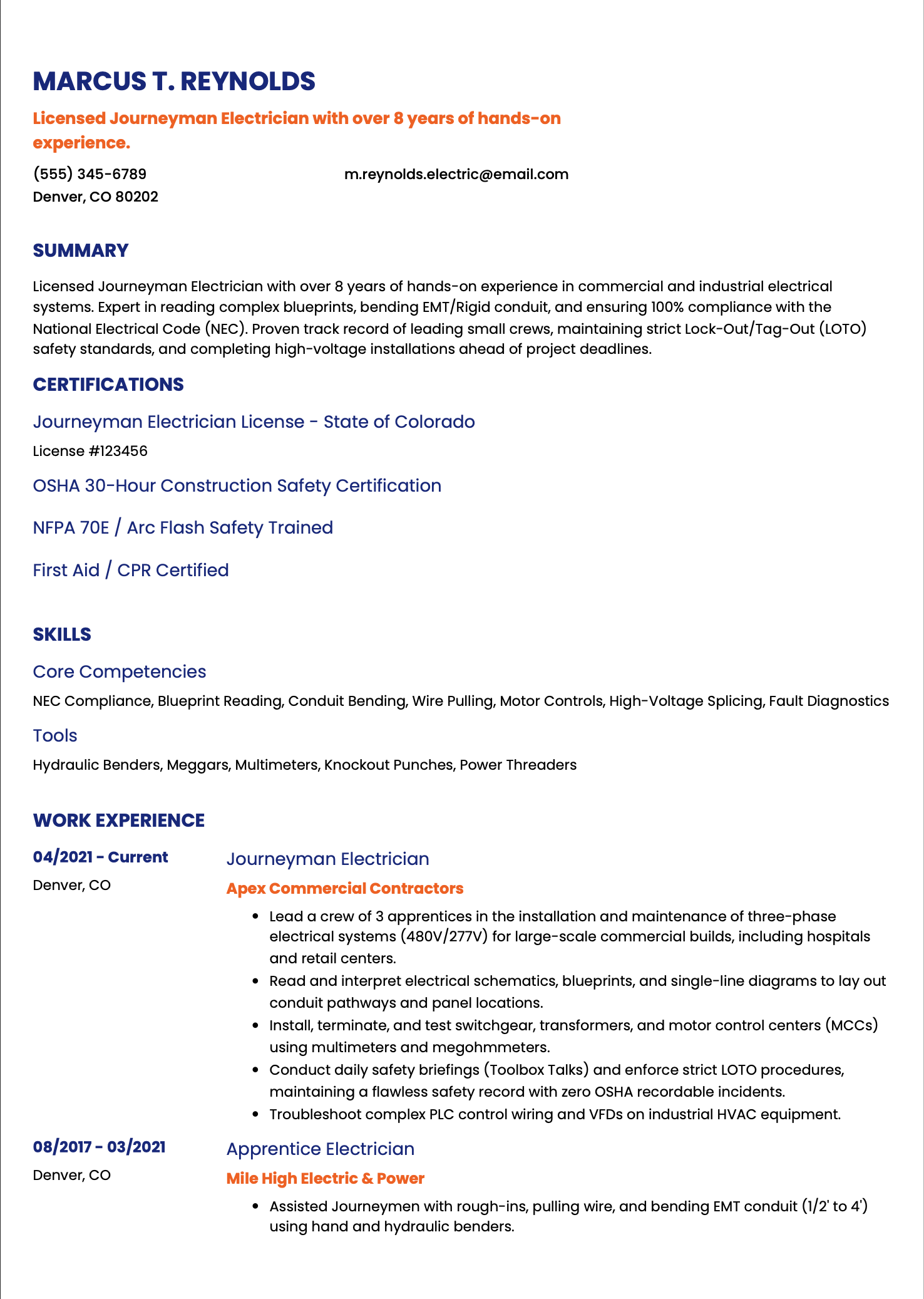 Electrician Resume Example