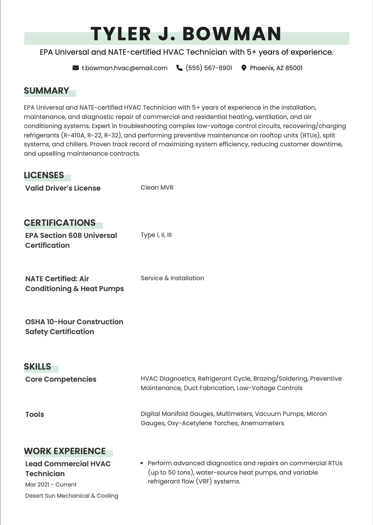 HVAC Technician Resume Example
