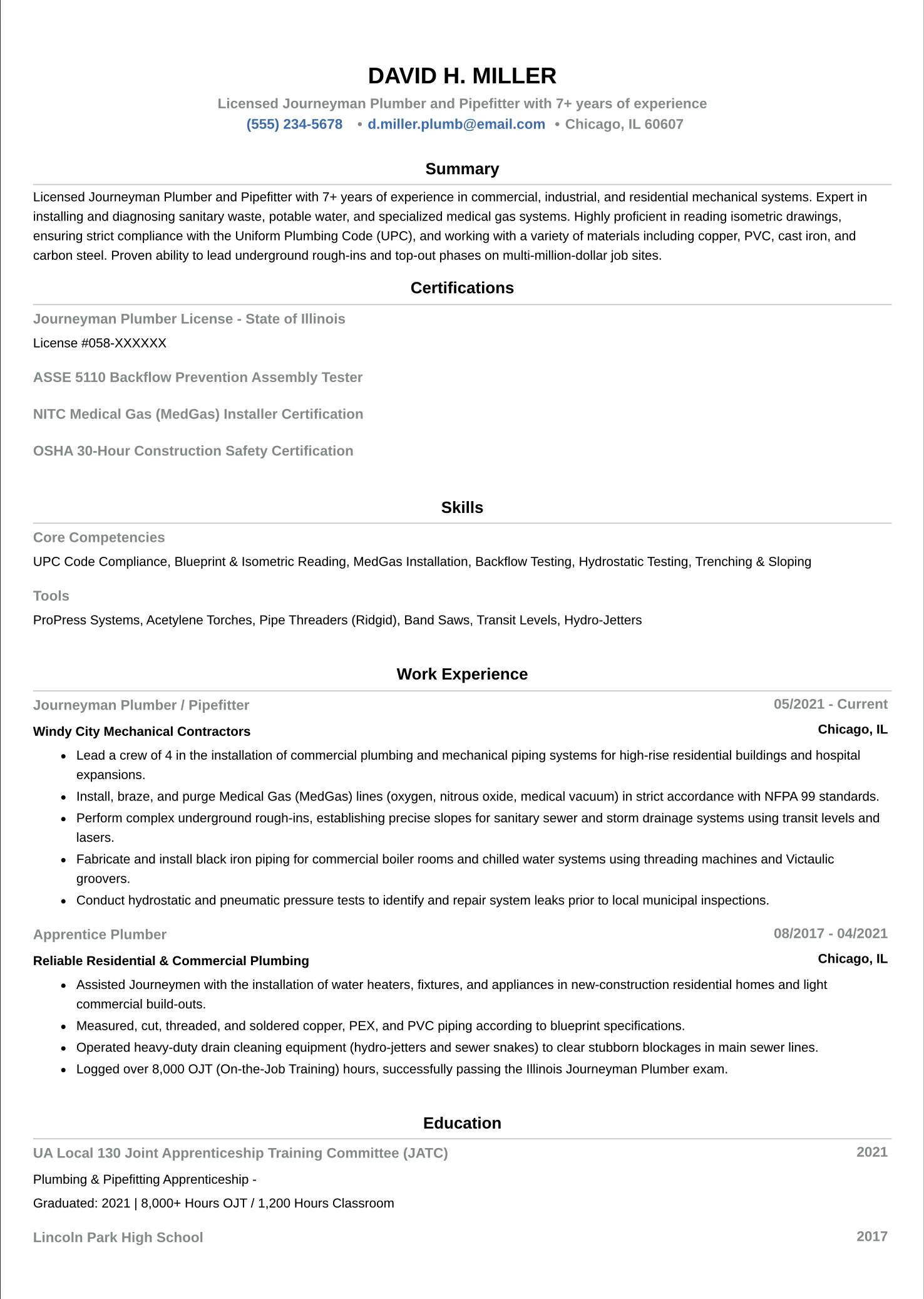 Plumber Resume Example