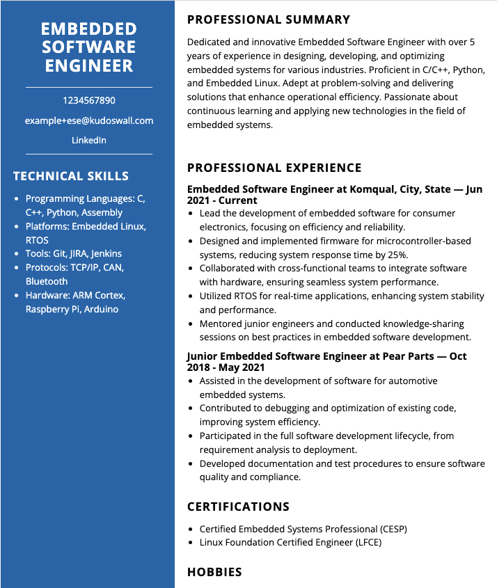 Embedded Software Engineer Resume Example