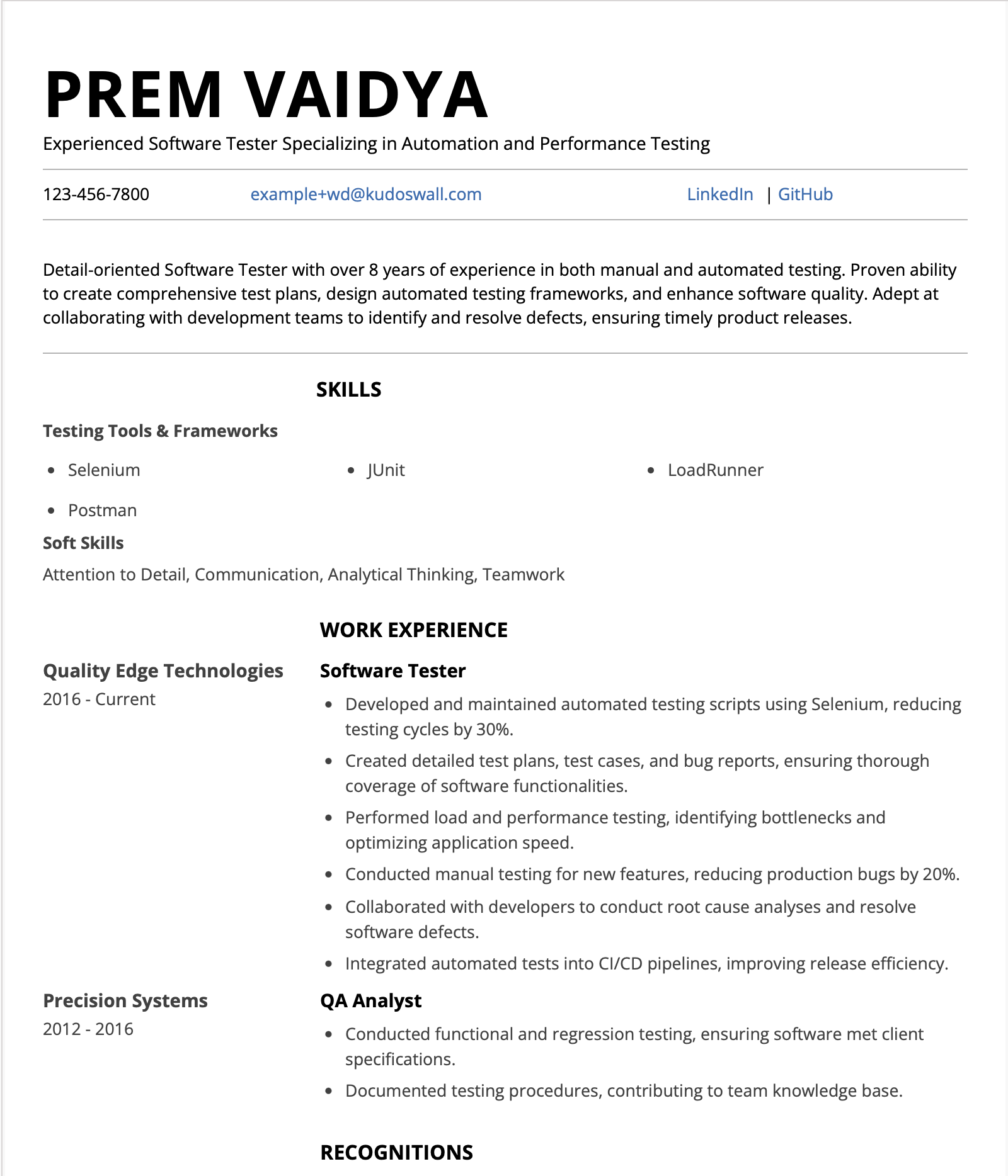 Experienced Software Tester Resume Example