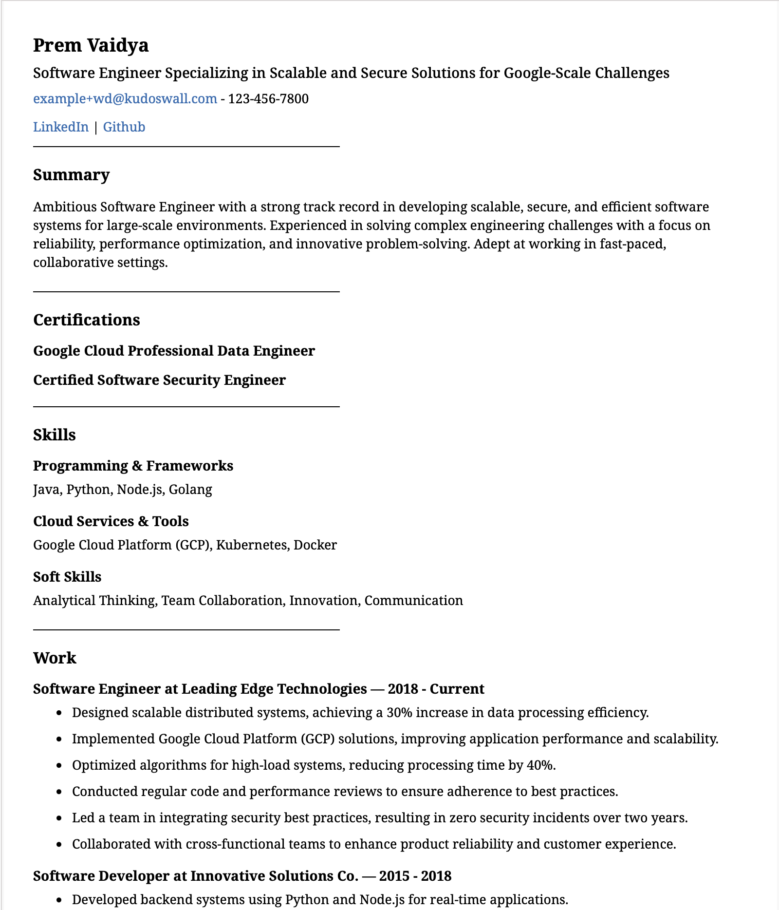 Google Software Engineer Resume Example