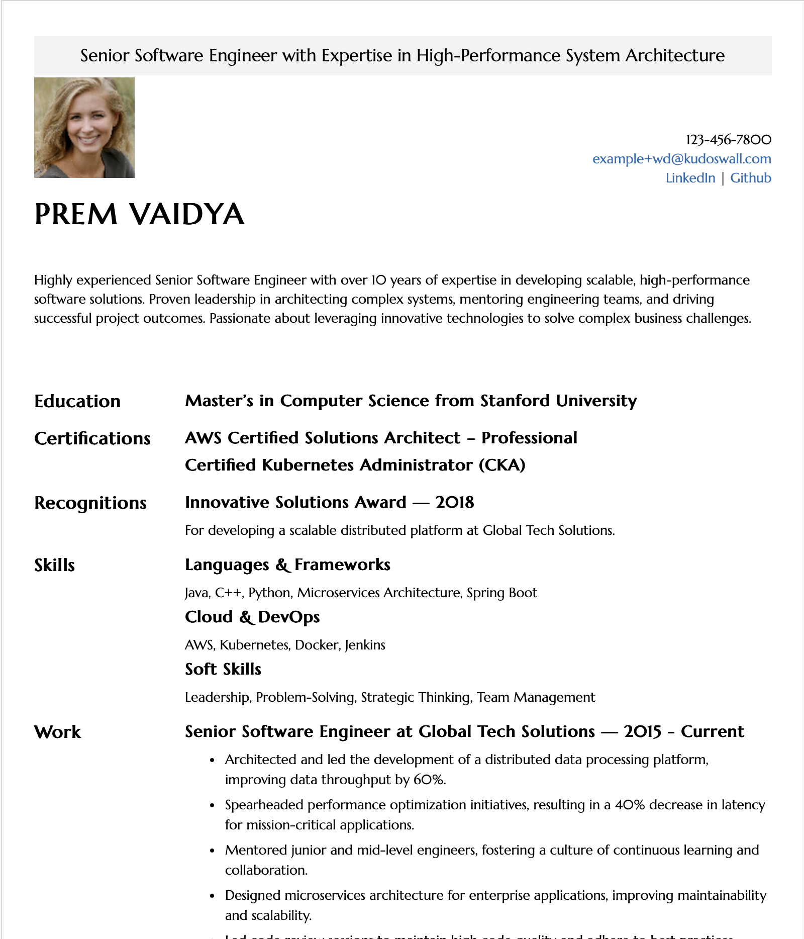 Senior Software Engineer Resume Example