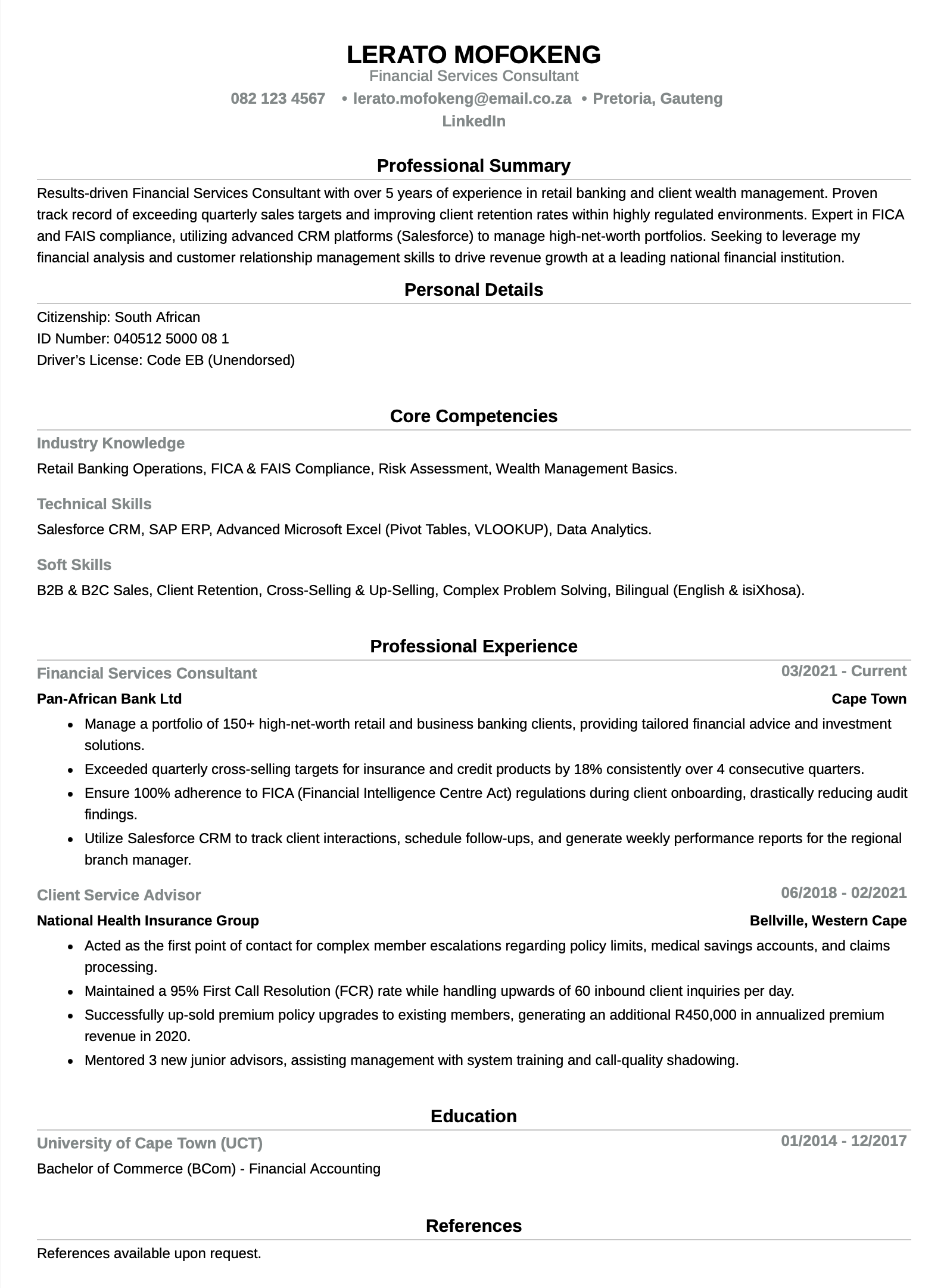 Standard Professional CV South Africa