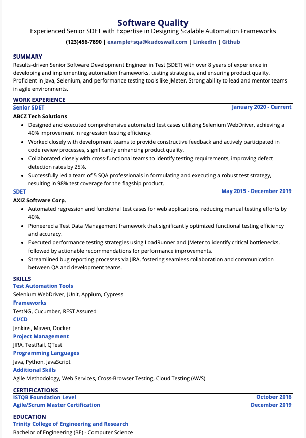 Senior Software Development Engineer in Test (SDET) Resume