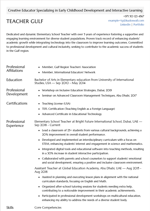  Elementary School Teacher Resume