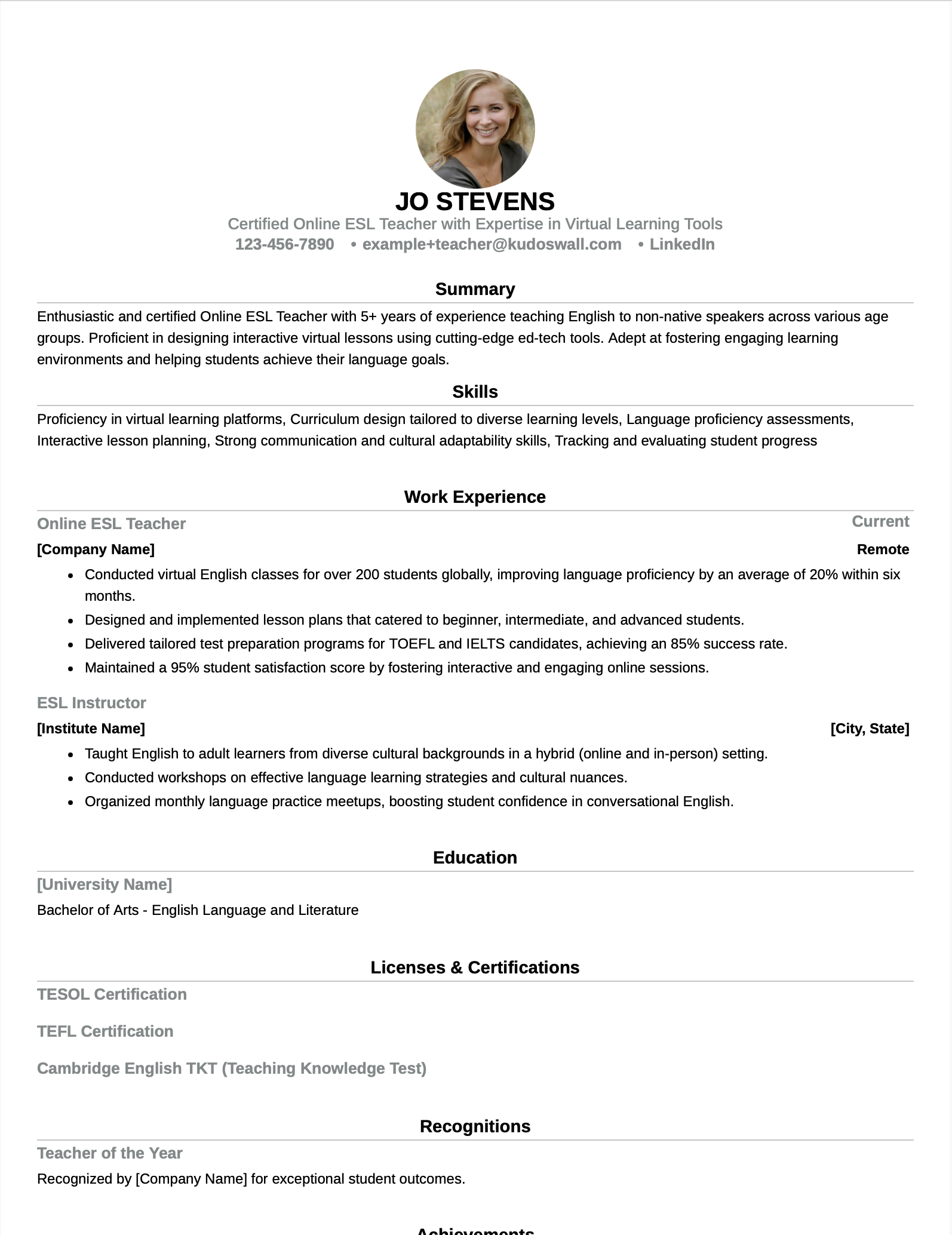 ESL Teacher Resume Example