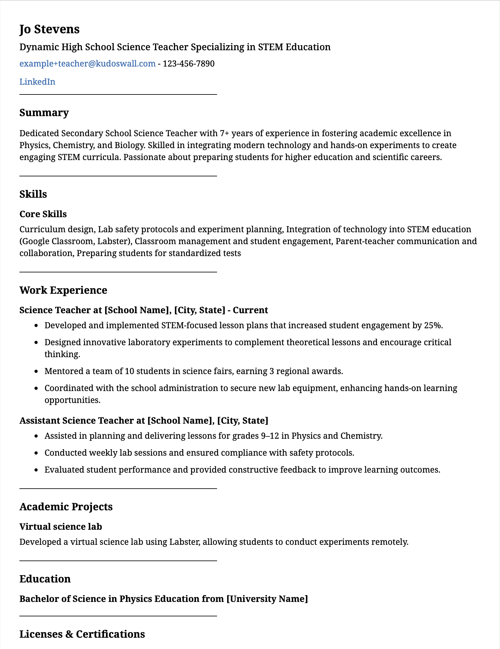 Secondary School Science Teacher Resume Example