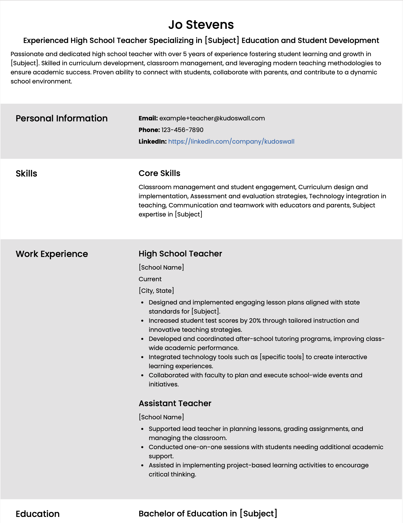 High School Teacher Resume Example 