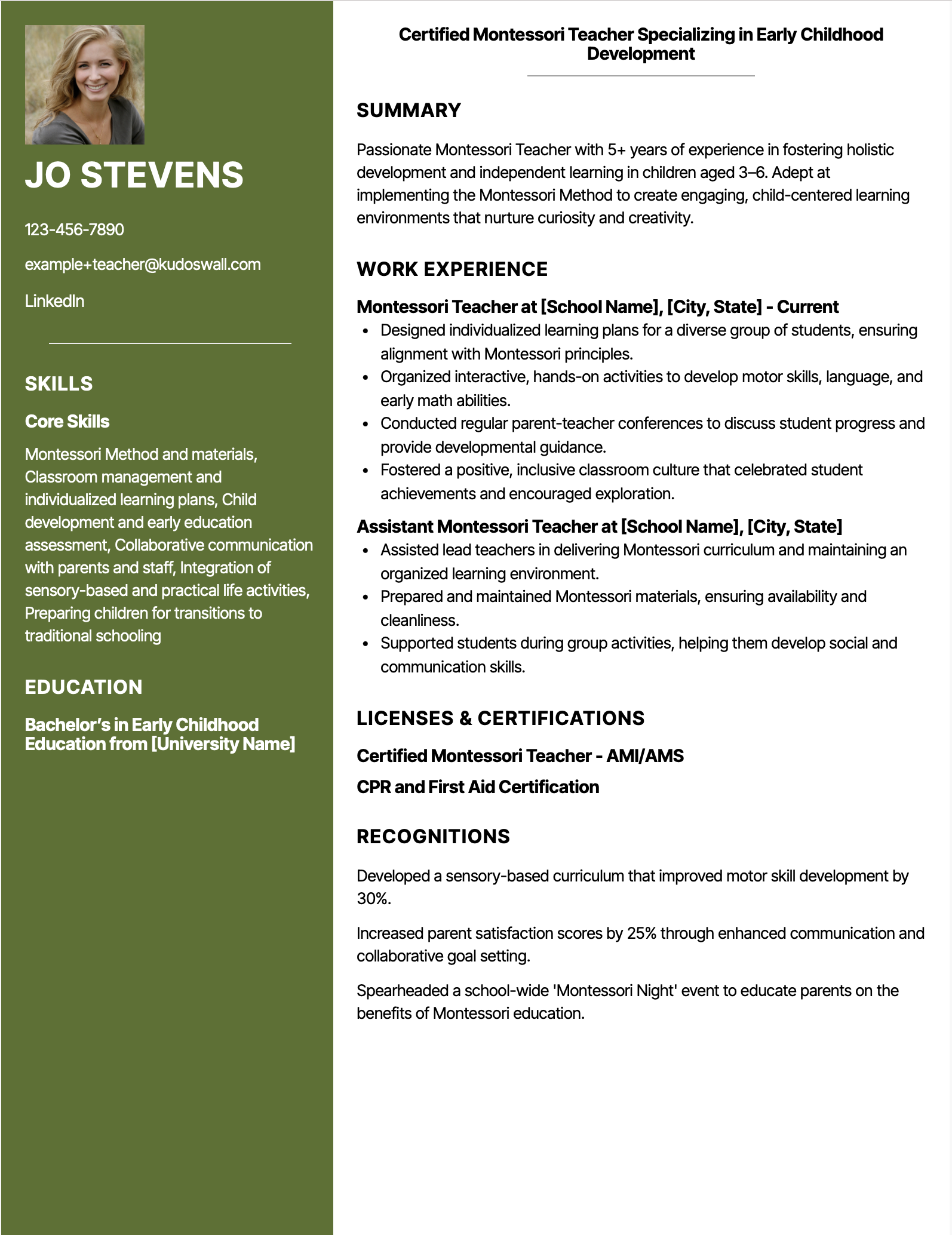 Montessori Teacher Resume Example