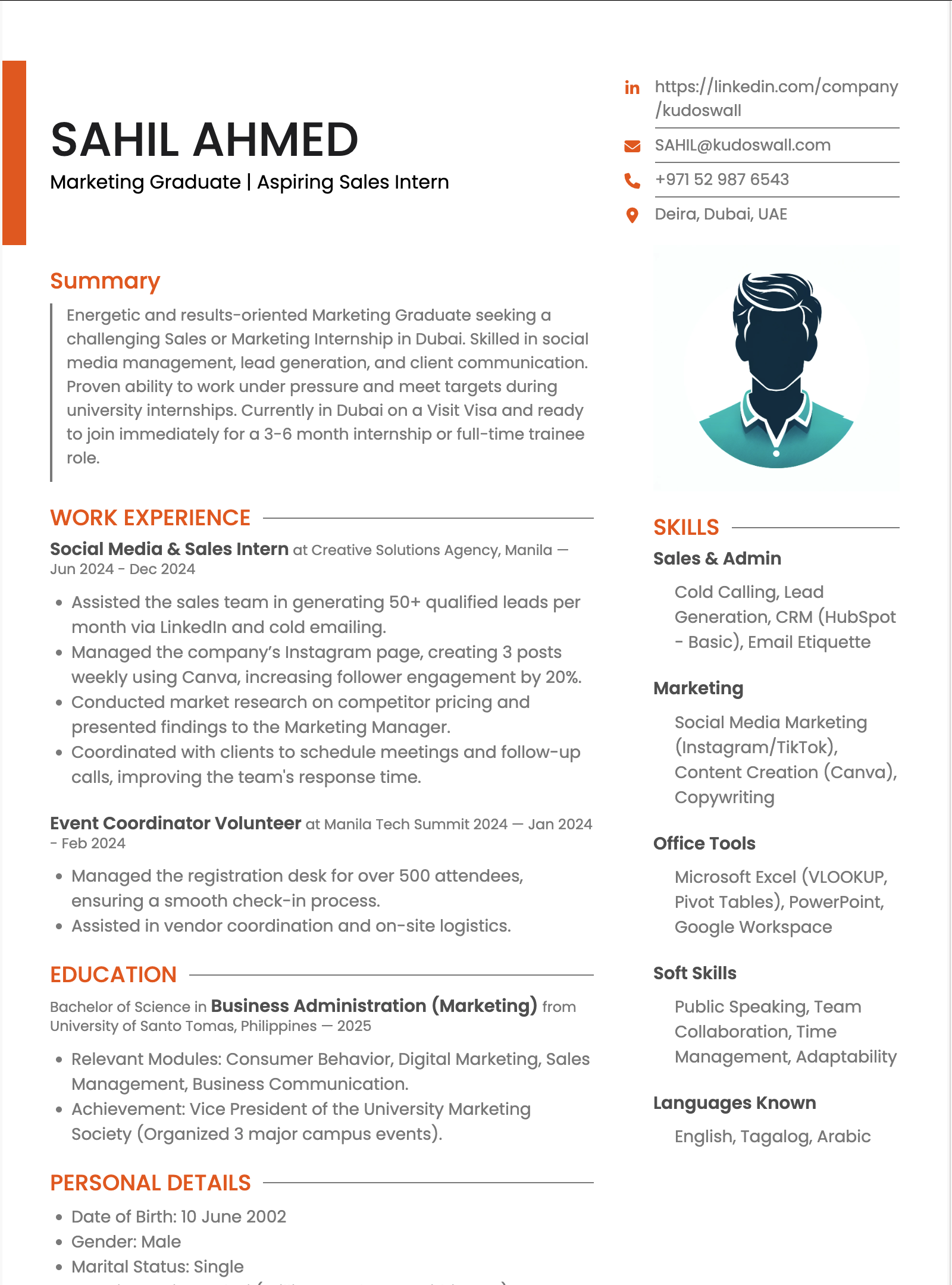 Internship CV Template for Visit Visa Holders in Dubai