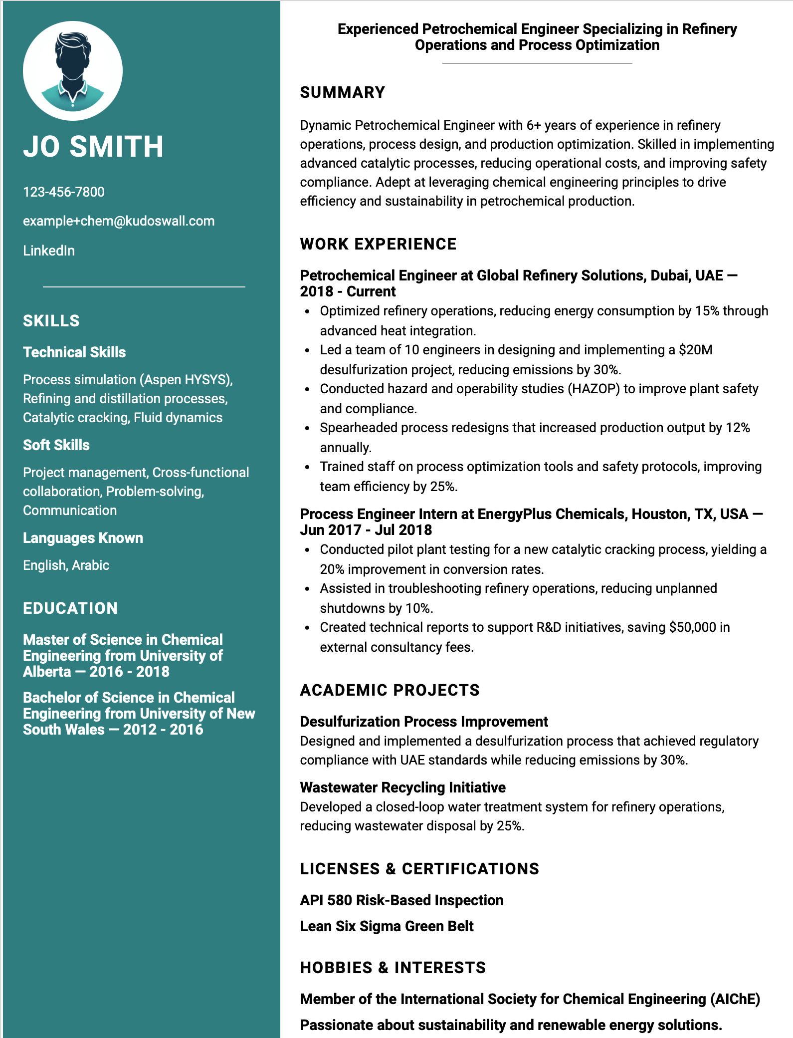 International Petrochemical Engineer Resume Example