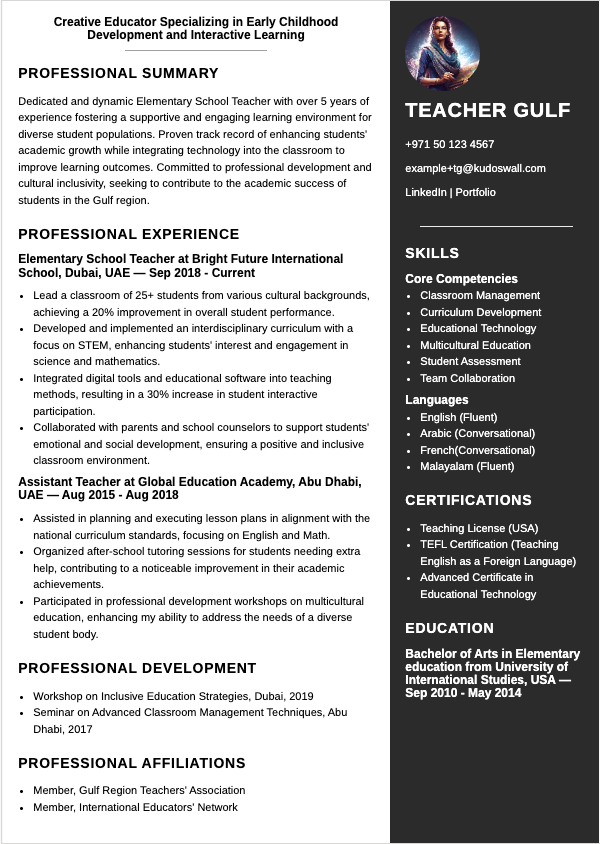 Teacher Resume Example for Gulf Region | Educational Excellence