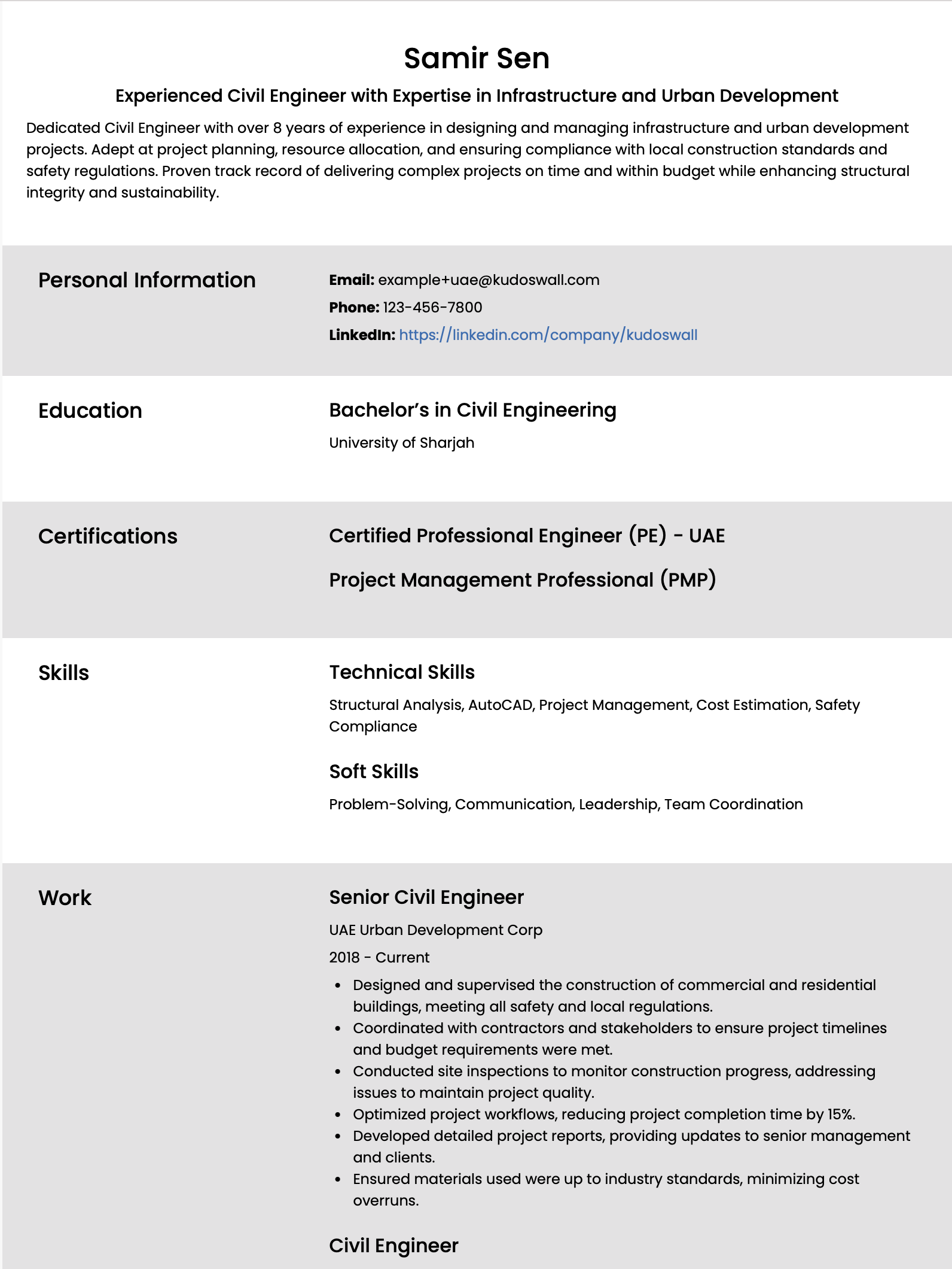 UAE Civil Engineer Resume Example