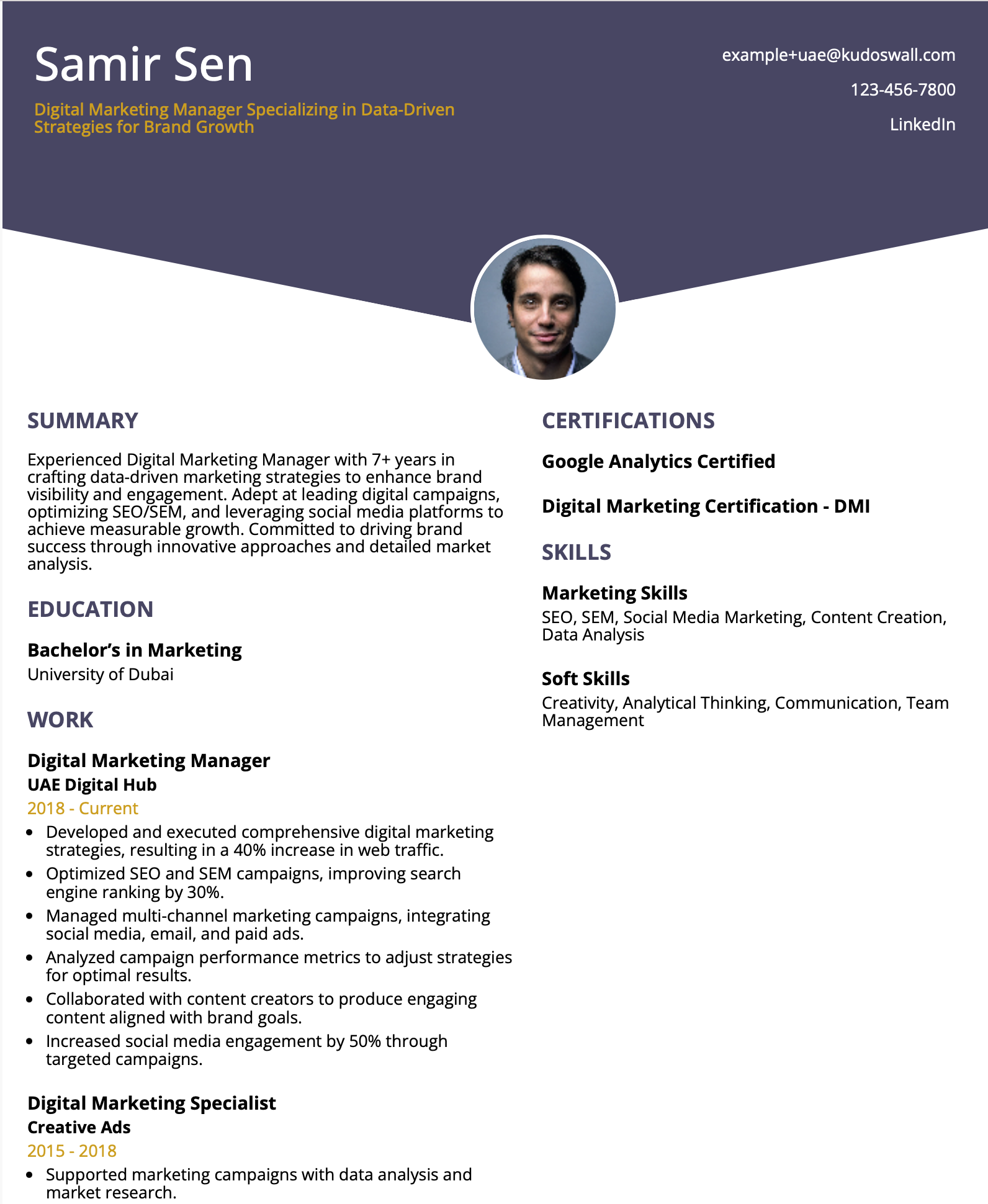 UAE Digital Marketing Manager Resume Example