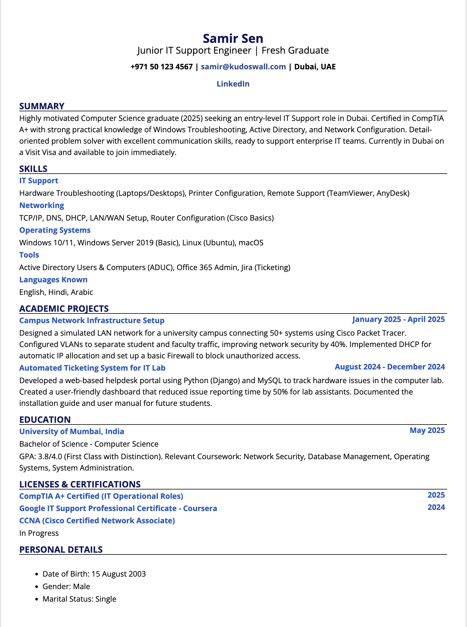 Entry-Level Fresher Resume Format for UAE Graduates (2026)