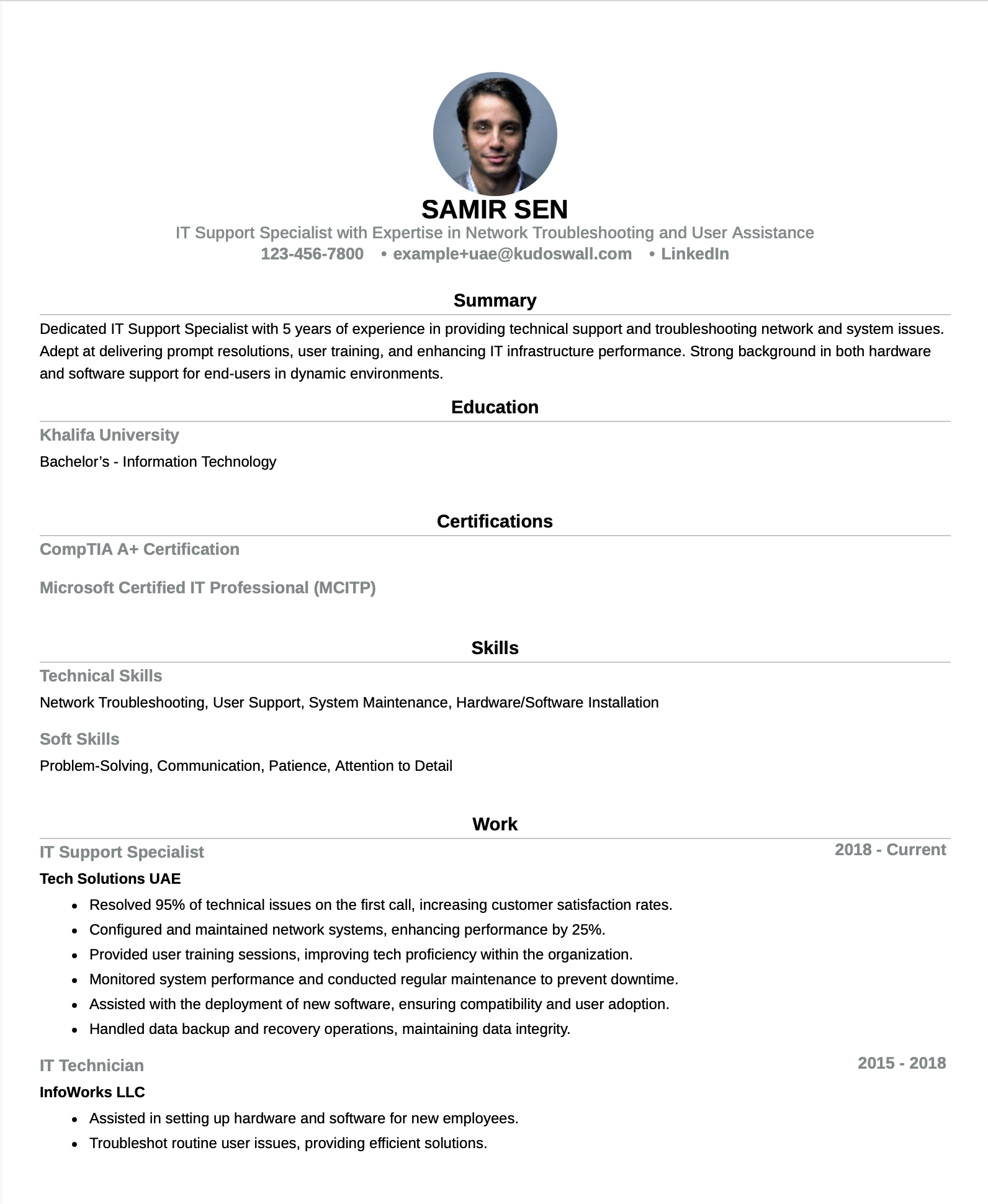 UAE IT Support Specialist Resume Example