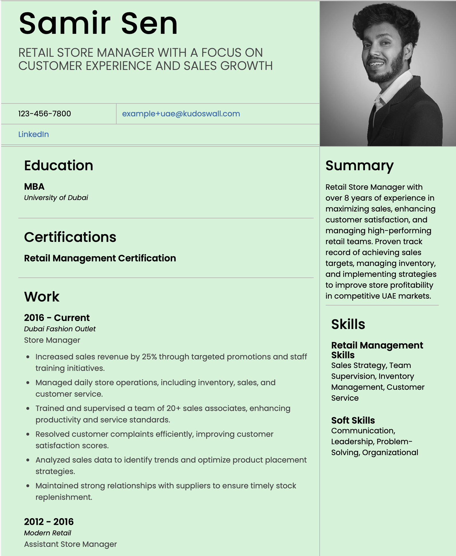 UAE Retail Store Manager Resume Example | Retail Leadership in the UAE