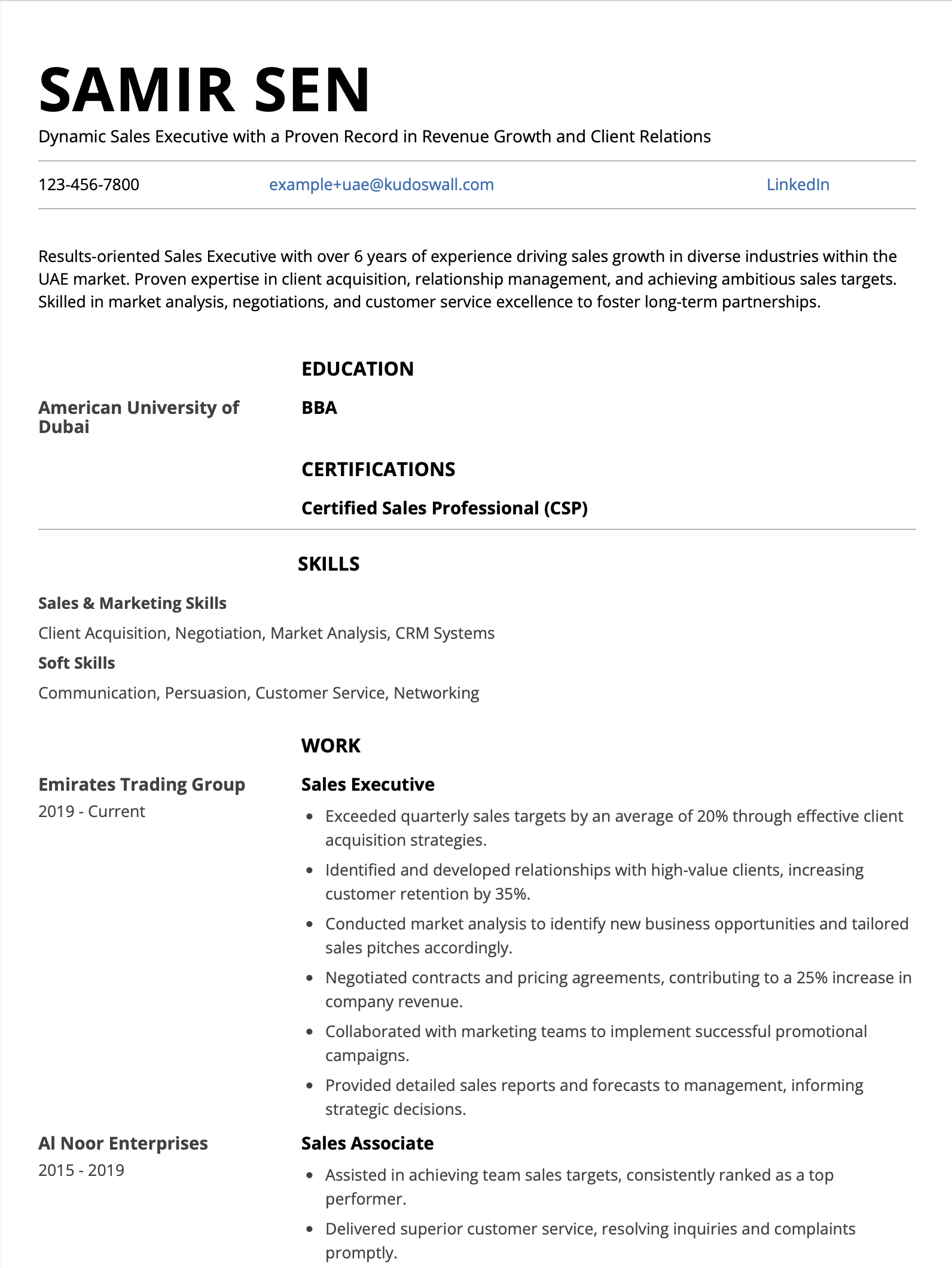 UAE Sales Executive Resume Example