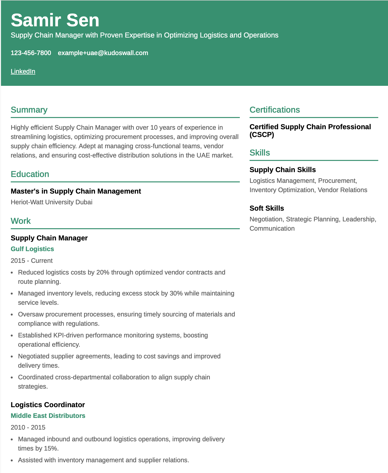 UAE Supply Chain Manager Resume Example