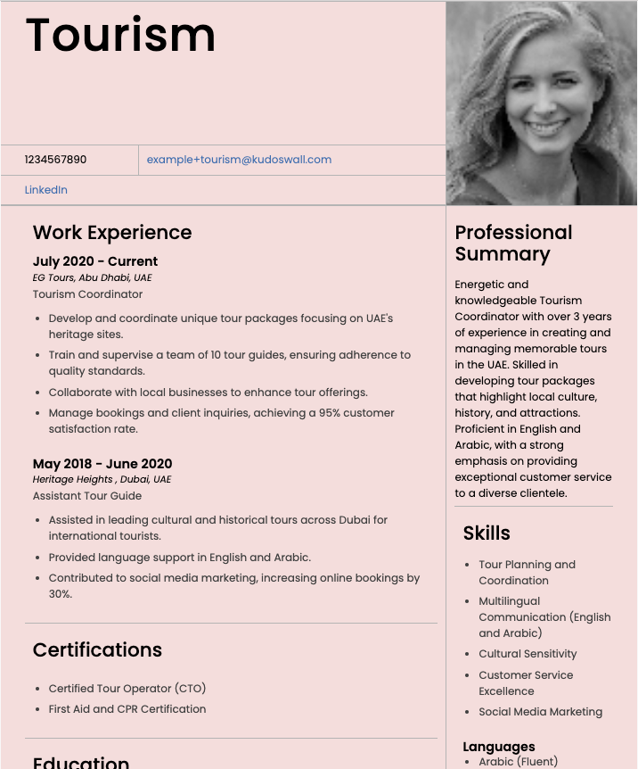 Tourism Resume