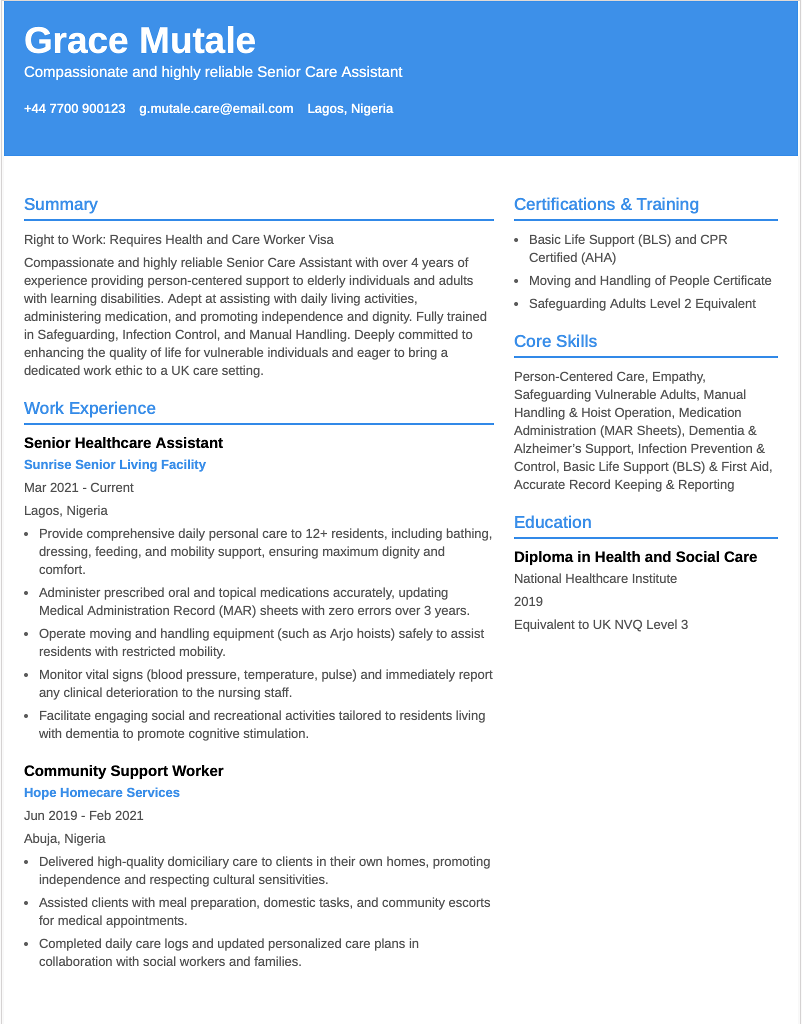 UK Care Worker and Support Worker CV Format for Health and Care Visa