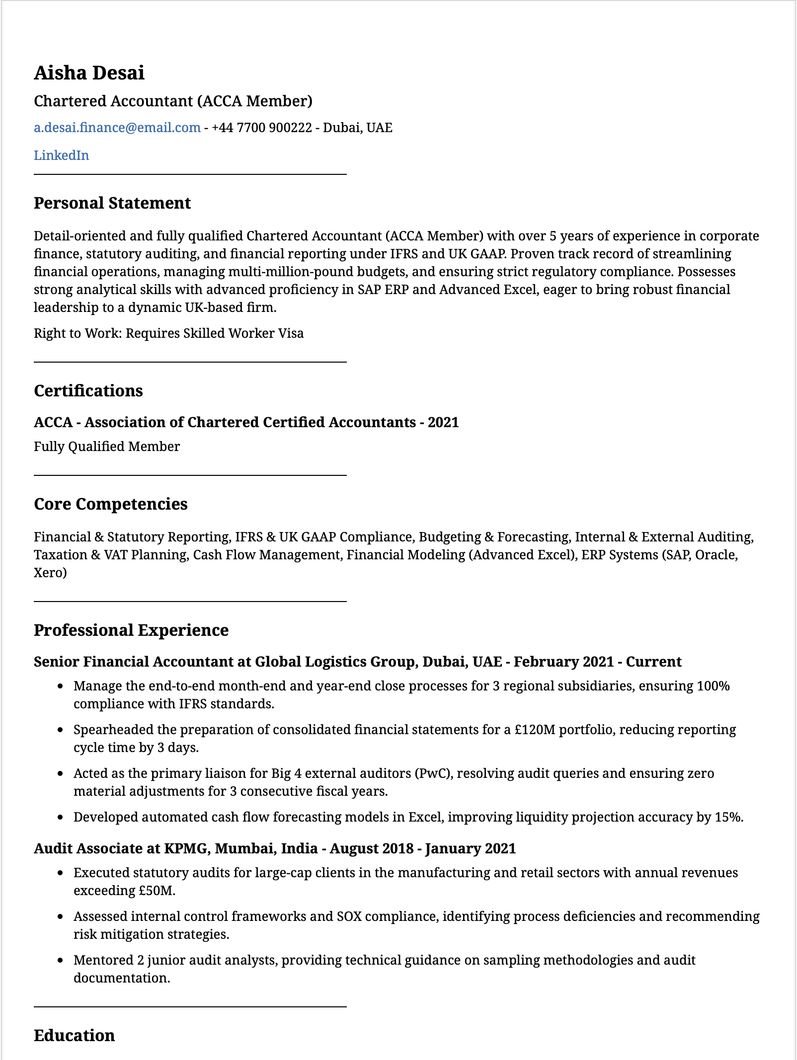 UK Chartered Accountant CV Format for Skilled Worker Visa