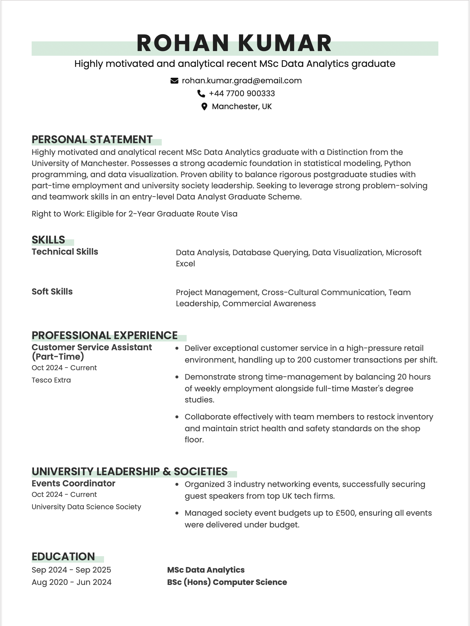 UK Graduate CV Format for Early Careers and Graduate Route Visa