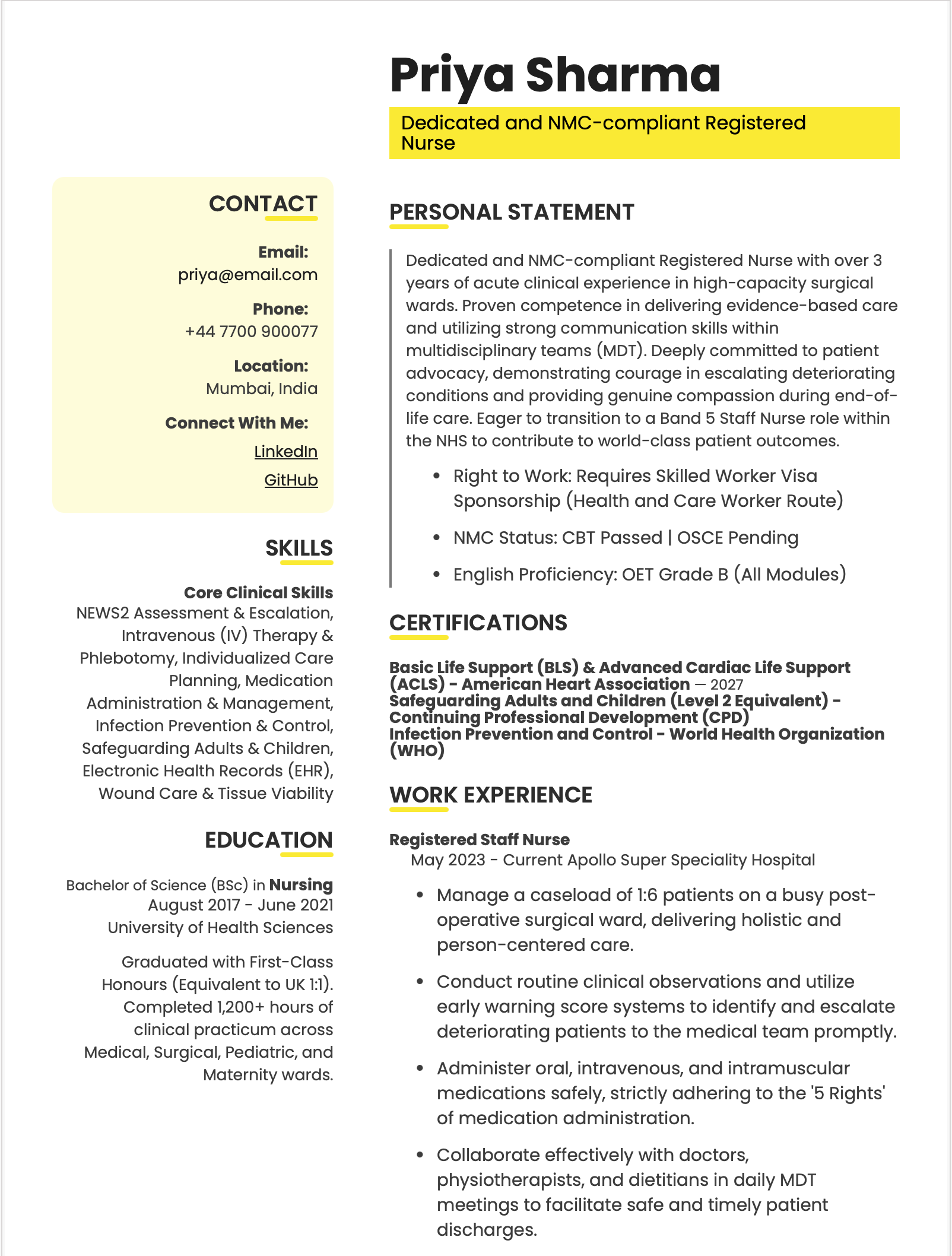UK NHS Registered Nurse CV Format