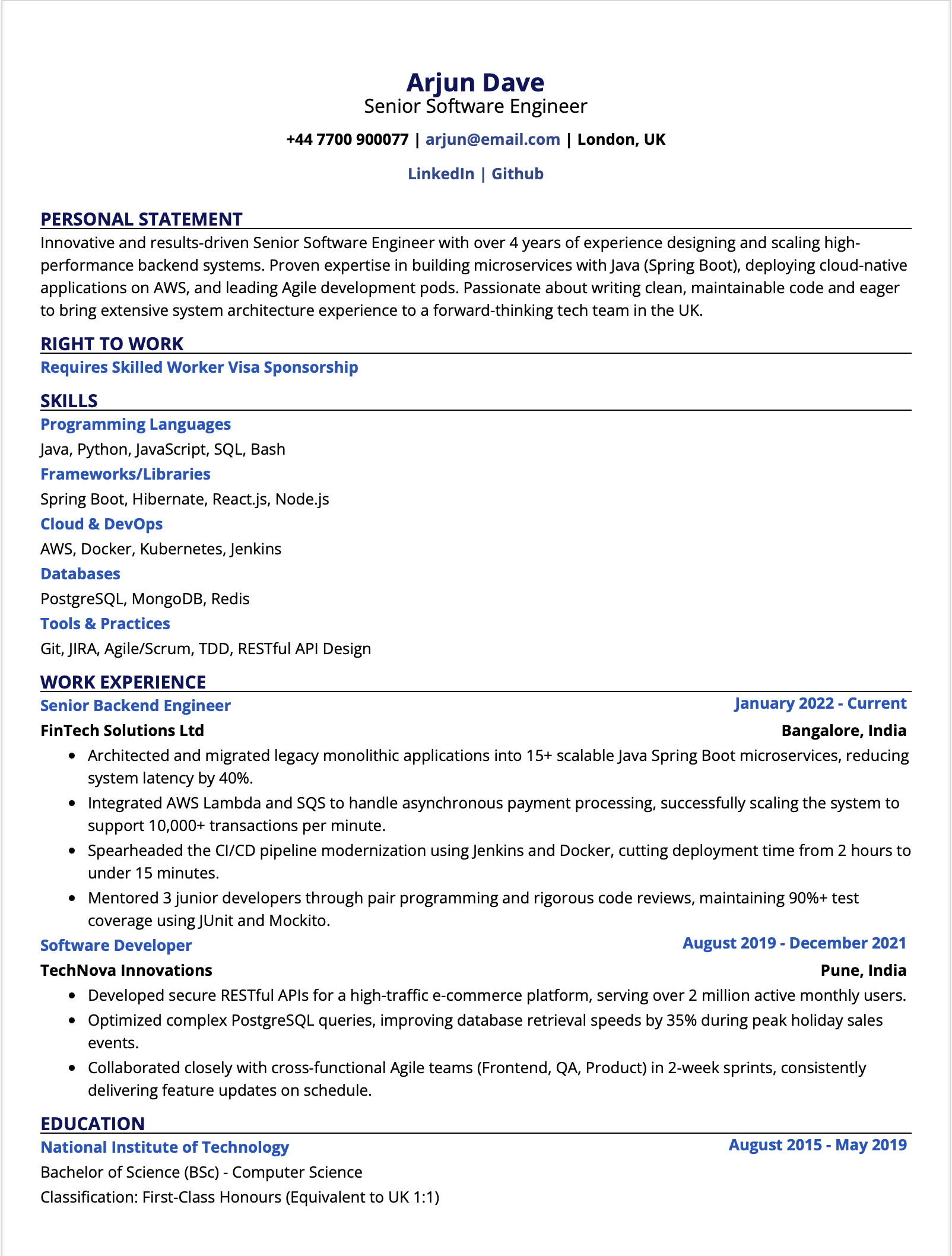 UK IT Software Engineer CV Format