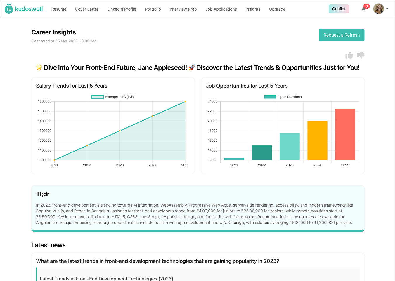 Sample Career Insights Report with job opportunities, salary trends generated by AI Resume Builder